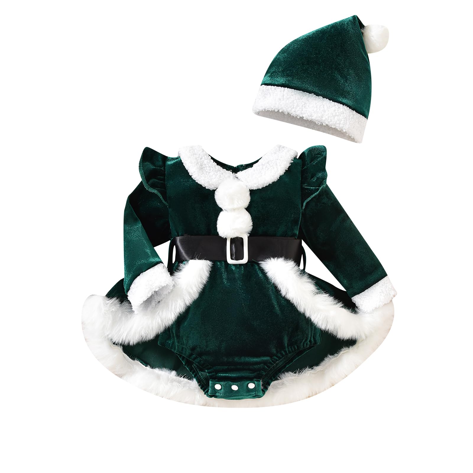 Springcmy Baby Girls Christmas Romper Dress Long Sleeve Terry Trim Red Velvet Jumpsuit with Santa Hat Infant Xmas Outfit (A-Green, 9-12 Months) — image 1