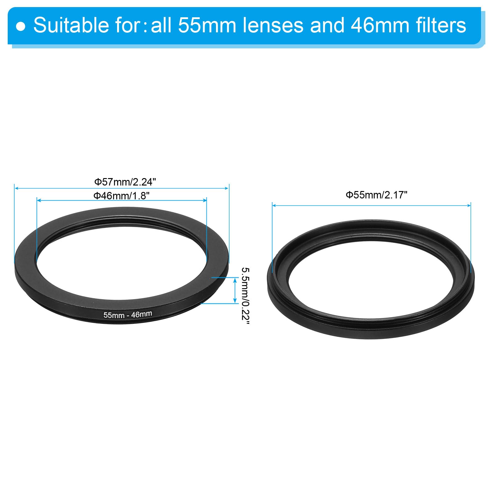 PATIKIL 55mm-46mm Metal Step Down Ring, Camera Lens Filter Adapter Ring Aluminum Filter Adapter Ring for Camera Lenses Hood, Black