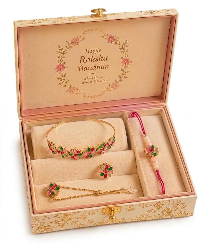 Girls Floral Hairband with Bracelet Ring & Rakhi Gift Hamper Set Raksha Bandhan Jewellery Gift Box for Girls Kids Hair Band Bracelet Ring Rakhi Combo Festival Return Gift Birthday Gift-image-37