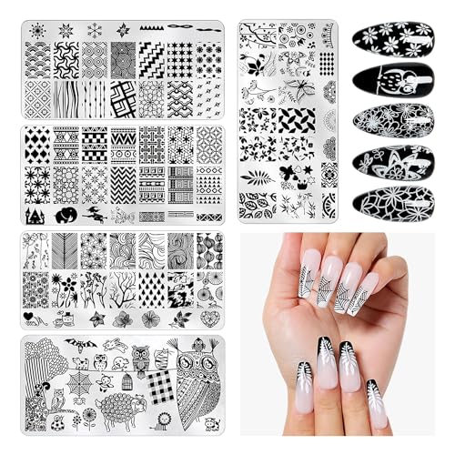 AIMEILI Nail Art Stamping Templates Manicure Tool Kit 5Pcs Nail Stamping Plates, 2 Stamper, 2 Scraper, 1 Latex Peel Off Tape, Flower Animal Pattern Manicure Print Tools for DIY Nail Art Designs - Image 7