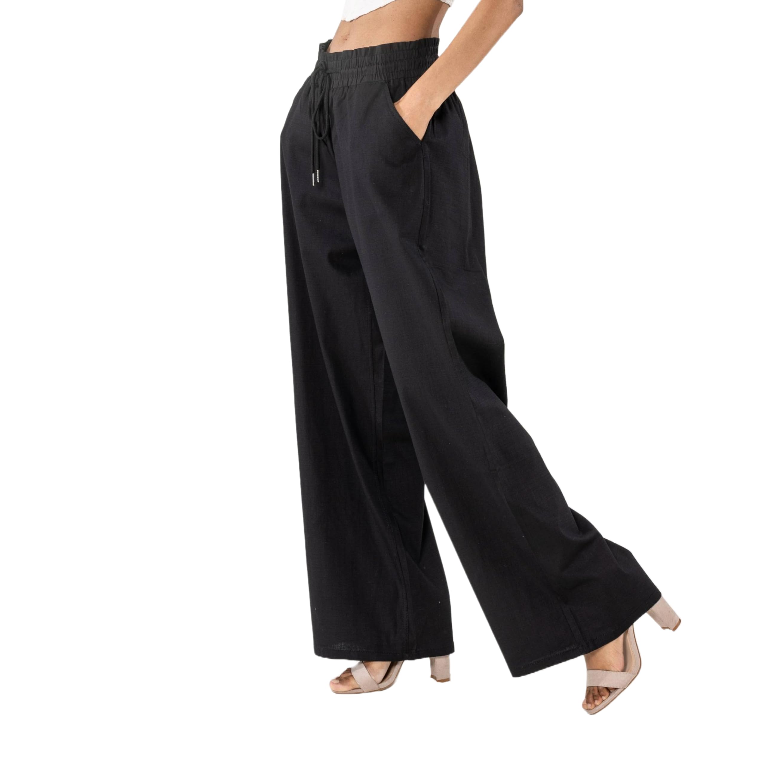 Nina Carter A001 Pantalon d'été léger et large pour femme en mélange de coton stretch, taille élastique, aéré et respirant, coupe ample, aspect lin