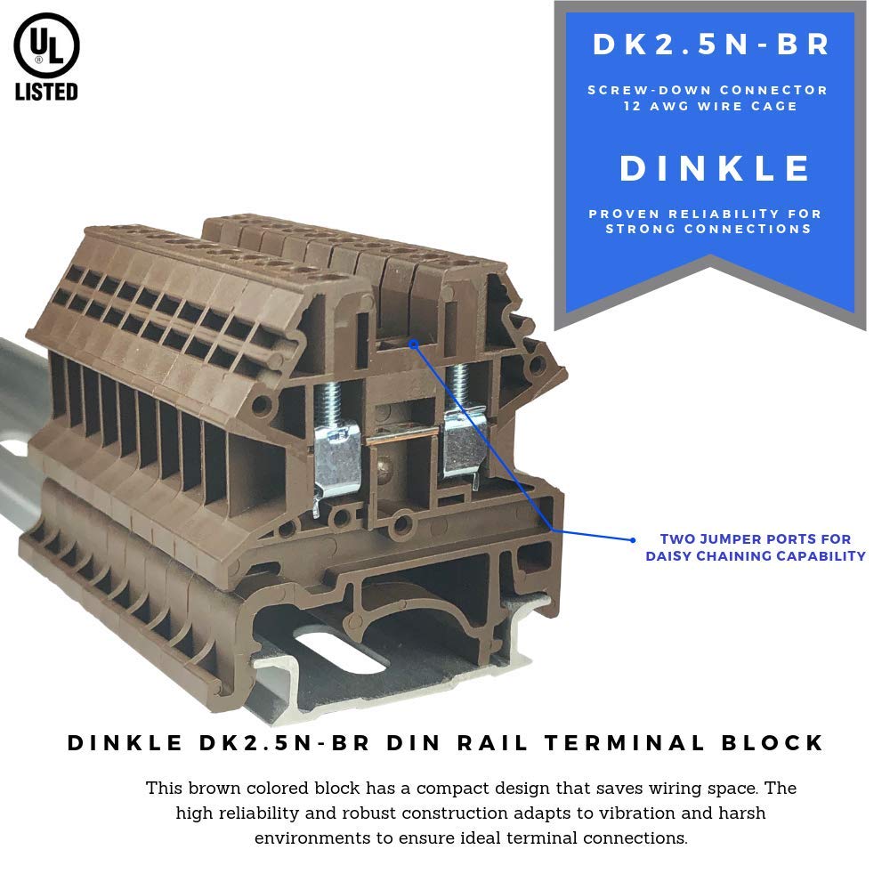 Dinkle Brown DK2.5N-BR Morsettiera per guida DIN tipo UL 600V 20A 12-22AWG, confezione da 100 pezzi