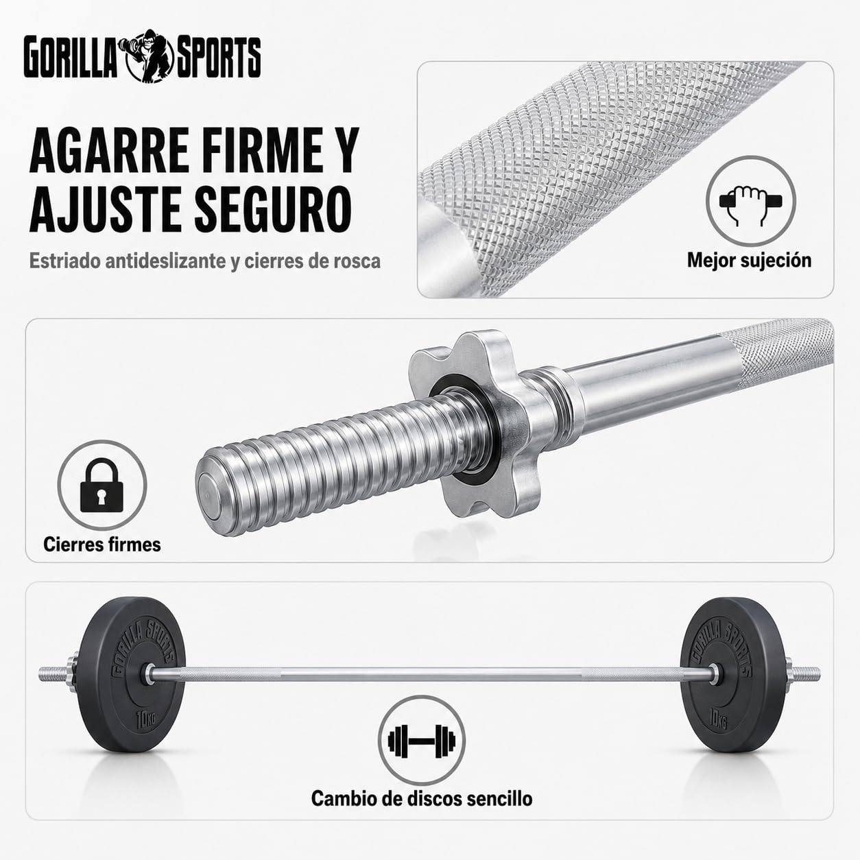Gorilla Sports® Juego de mancuernas y discos – 60 kg, 100 kg o 130 kg, Ø 30 mm, barra 170 cm, con cierres, estriado, antideslizante, acero cromado – Mancuernas, gimnasio, entrenamiento, levantamiento