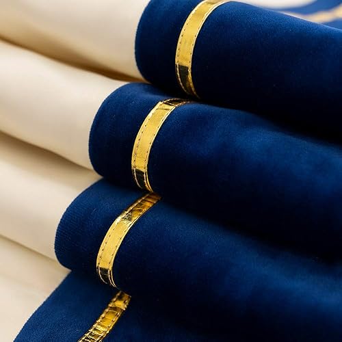 Miniatura 4 de Avigers 12 x 78 pulgadas - Camino de mesa decorativo de lujo de terciopelo con parches a rayas azul marino, blanco y dorado de cuero con borlas para