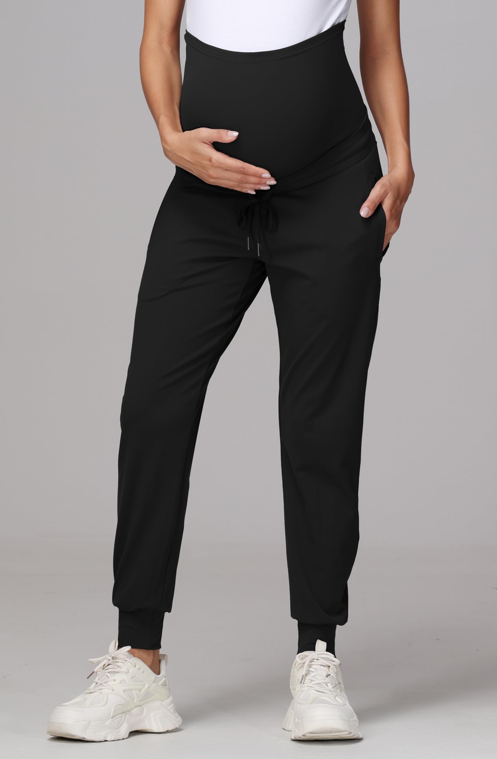 Pantalon de Grossesse Femme Taille Haute Pantalon Jogging Extensible Pantalons de Sport avec Poches et Cordon de Serrage