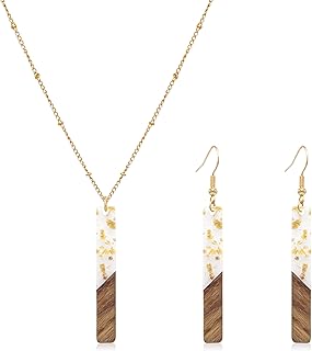Bar Necklace Earrings for Women 16K Gold Plated Trendy Geometric Jewelry Set Boho Lightweight Wooden Resin Bar Pendant Necklace Dangle Earring Set,Gift for Her,Mom,Wife