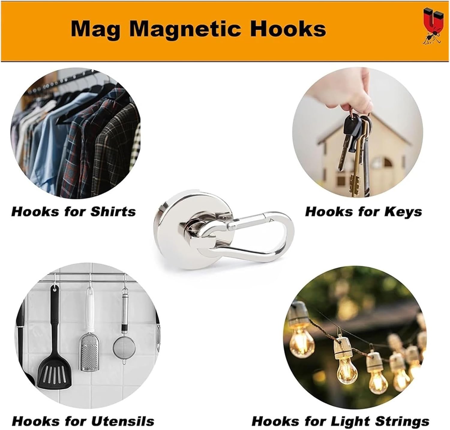 Magnetic Hooks Strong Heavy Duty Neodymium with Swivel Carabiner Hook，Compatible for Refrigerator 3pcs Materials(Pull Max 41KG)