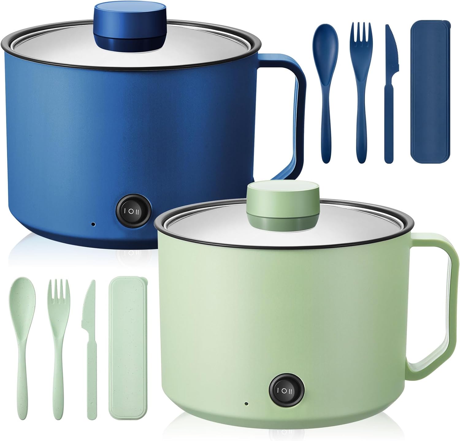 2 piezas de 1.8 L olla eléctrica de ramen olla caliente eléctrica de doble potencia para fideos, protección contra hervir en seco, antiadherente,