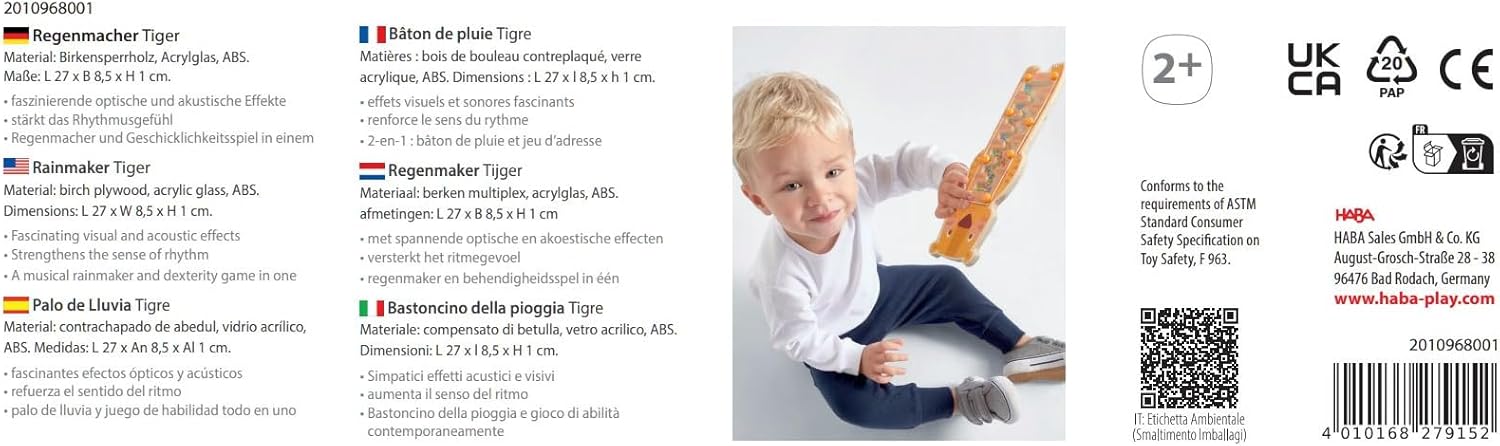 HABA Tiger Maracas – First Musical Toy for Children – Mimics the Noises of Rain – for Little Musicians from 2 Years – Made of High Quality Wood – 2010968001