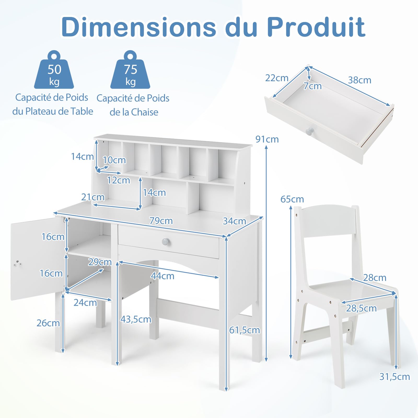 DREAMADE Bureau Enfant avec Chaise Ergonomique, Table d'Activités, Armoire, Tiroir, Blanc 79x34x91CM