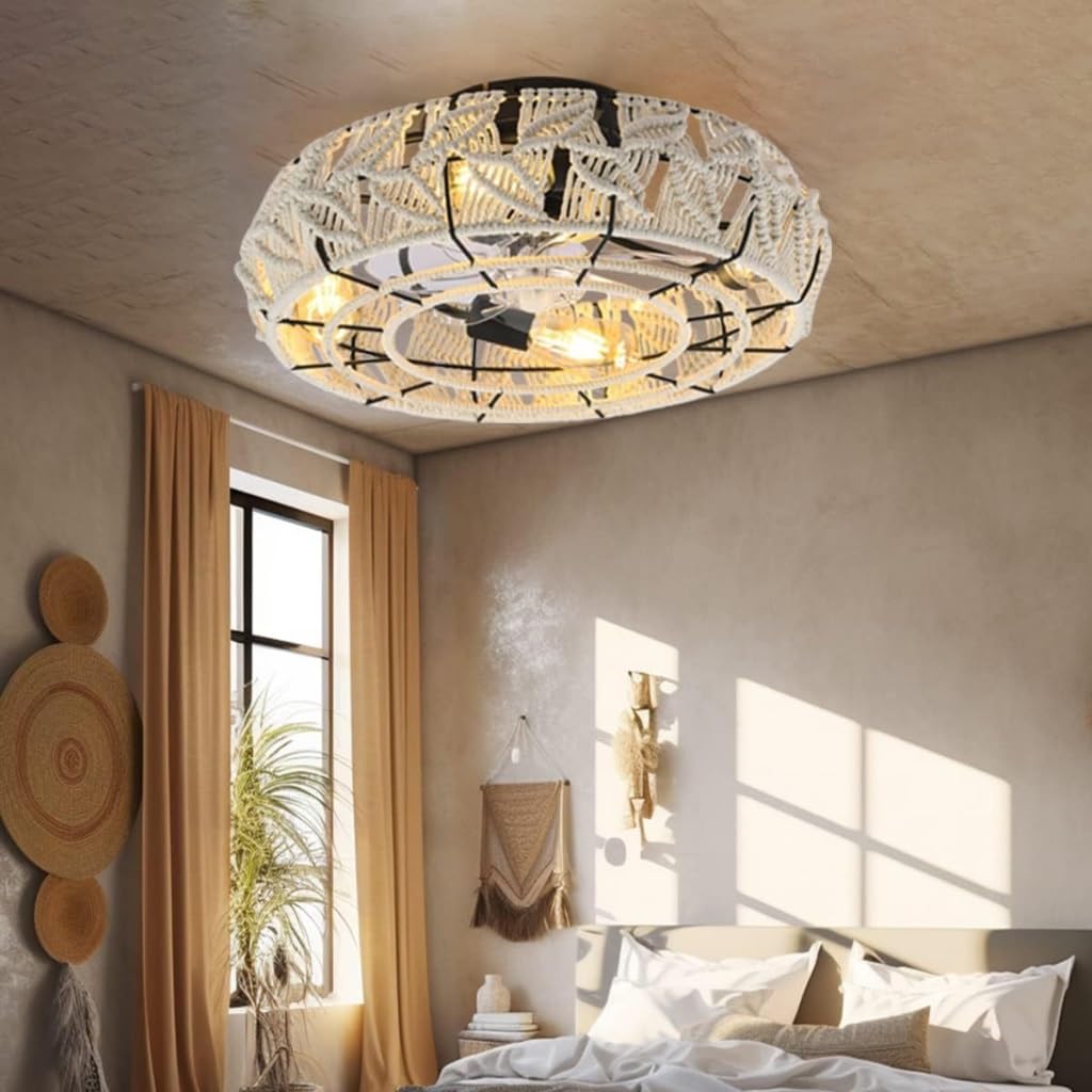E27 Ventilatore Da Soffitto In Bambù Retrò Con Illuminazione E Telecomando Plafoniera Silenzioso Luci Pendenti 6 Velocità Timer Reversibile Ciondolo Vintage Camera Letto Soggiorno Sala Pranzo Cucina