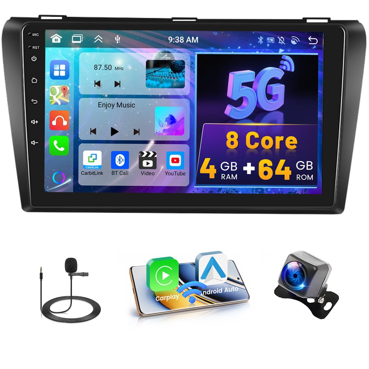 4G+64G Android Radio Coche Carplay para Mazda 3 2006-2012 Android Auto Inalámbrica 9 Pouces Pantalla Coche Autoradio 2 DIN Bluetooth GPS WiFi DSP RDS USB Cámara Trasera+CANBUS