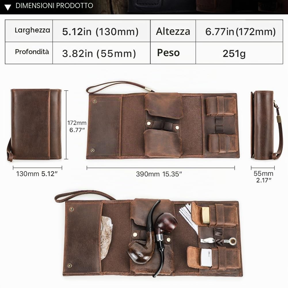 CONTACTS Borsa da viaggio in vera pelle per 2 tubi, accendini, sigarette, Marrone, Vintage