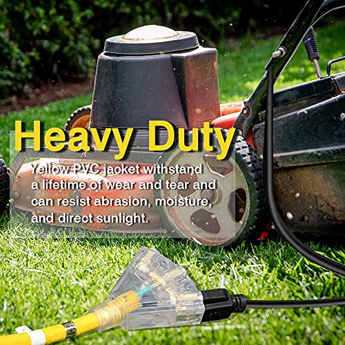 Ep 50 Ft Lighted Outdoor Extension Cord With 3 Electrical Power Outlets - 14/3 Sjtw Heavy Duty Yellow Extension Cable With 3 Prong Grounded Plug - Power Cord For Lawn, Garden, Appliances #TOP4