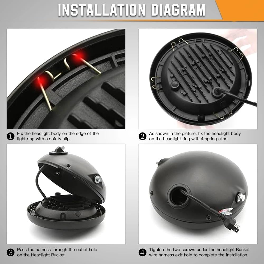 Dirt Bike Reflektor Reflektory motocyklowe Bucket Shell 7” 7-calowa osłona reflektora motocyklowego do obudowy reflektora LED z regulowanym uchwytem montażowym(Black)