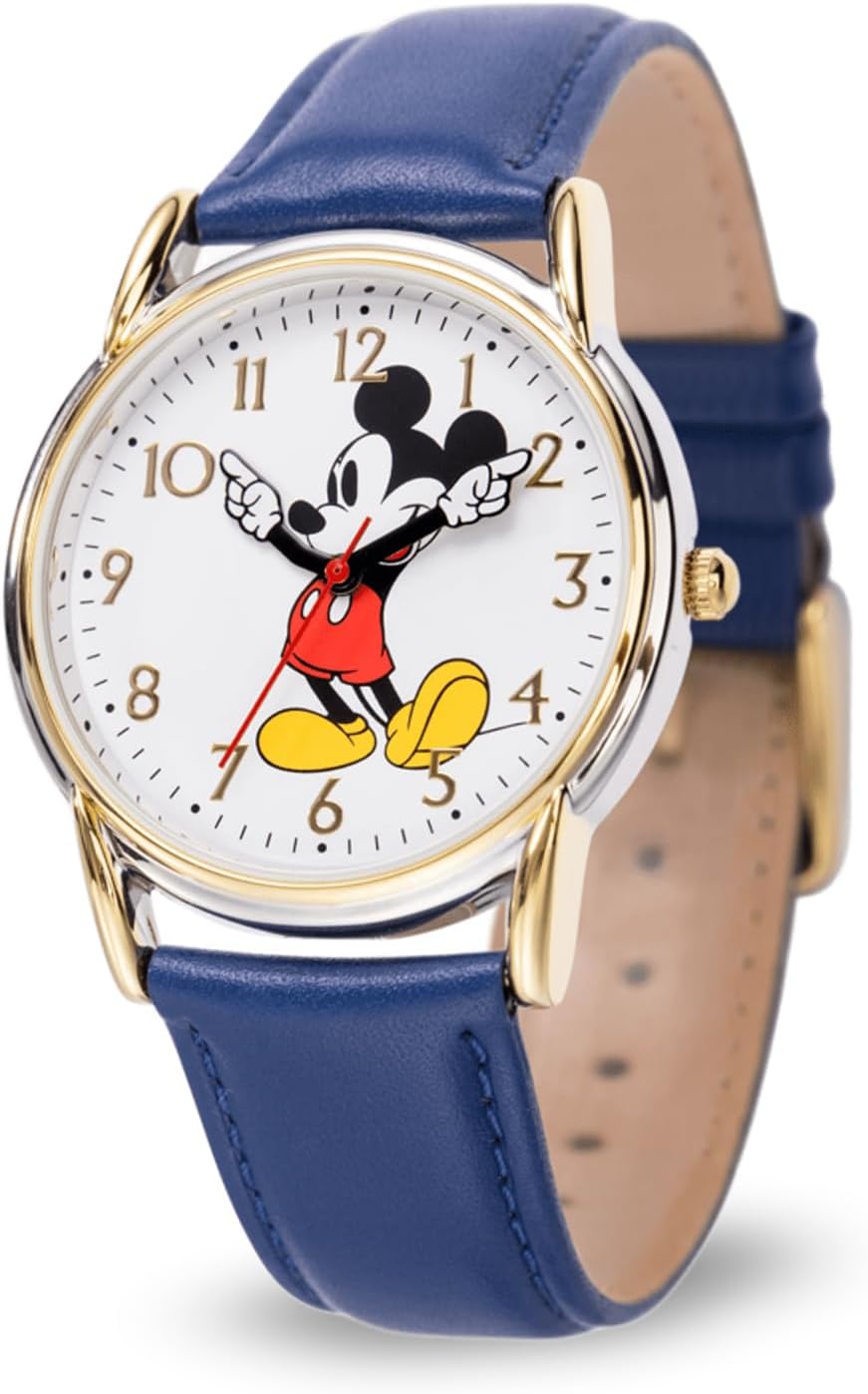 Mickey Mouse Watch Men - Mickey Mouse Watches for Men - Watch for - Classic Mens Watches - Gift - Silver Bezel - Leather Strap Collectible
