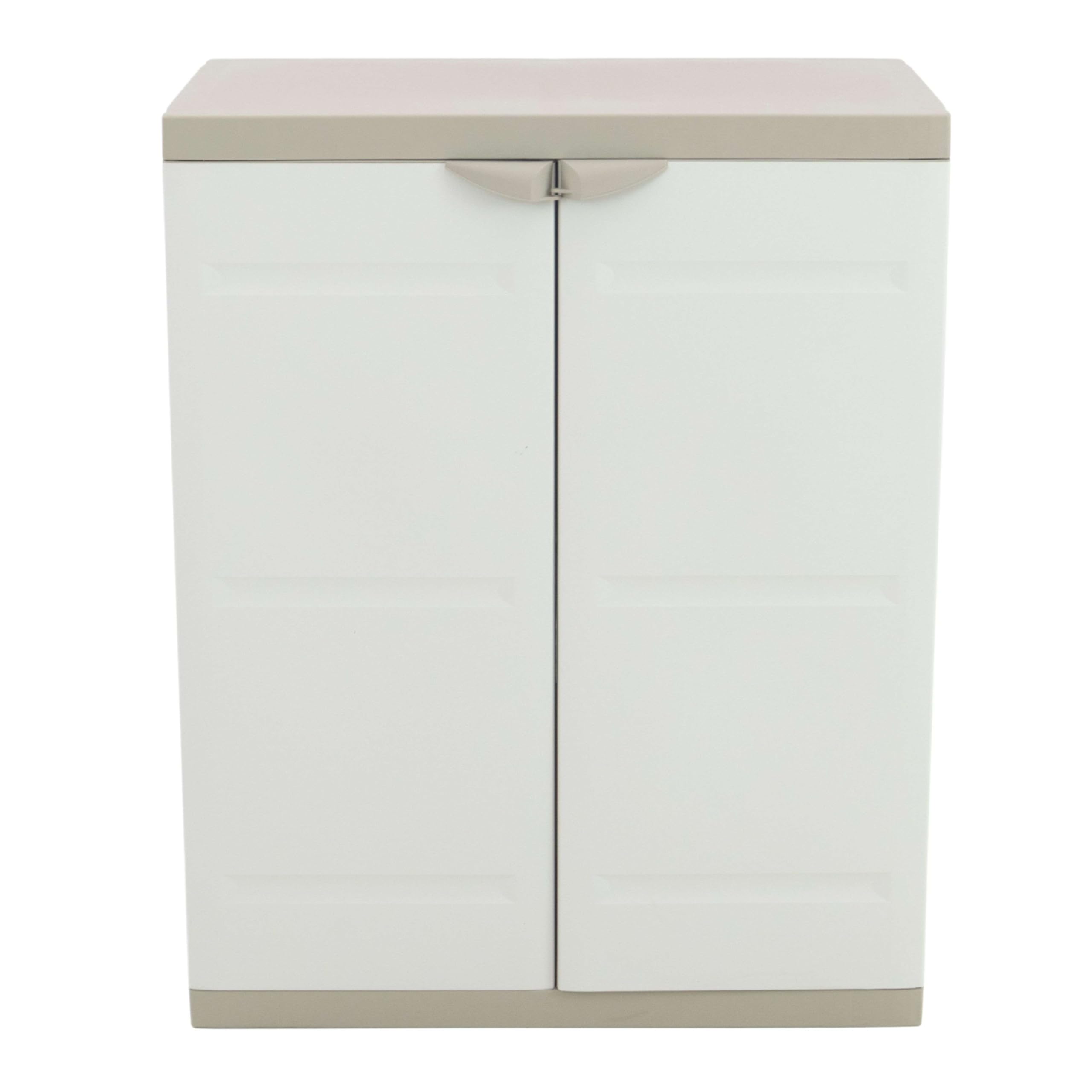 Miroytengo Armadio 2 ante e 2 ripiani interni, armadio basso esterno, armadio in resina titanio beige 70x88x41 cm