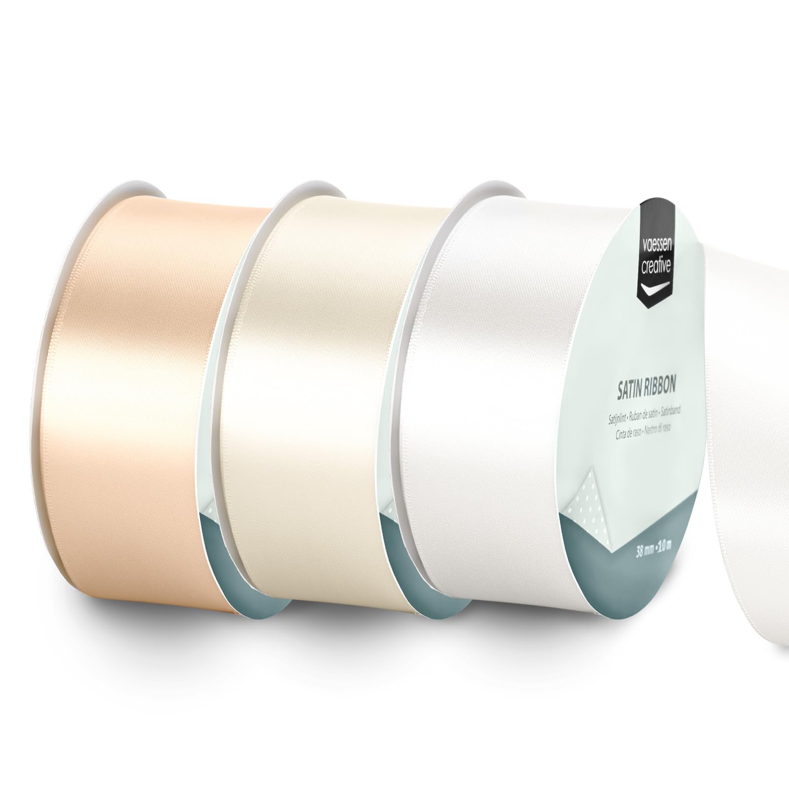Vaessen Creative Satin Ribbon Set - 3 Wedding Colours of 32.8 ft x 1.5" - White - Thin Ribbon for Gift Wrapping and Crafting, 10mx38mm