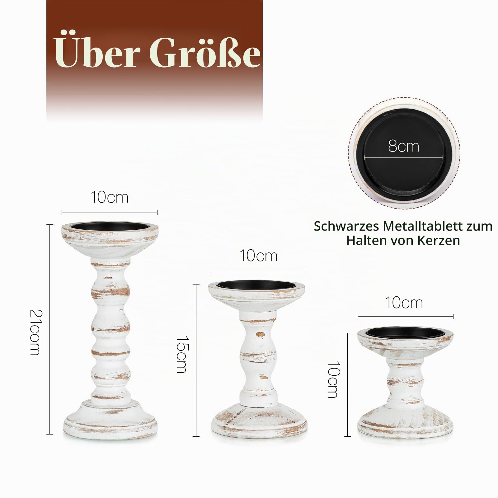 Candeldo Kerzenständer Holz Vintage Deko: 3 Stück Kerzenhalter Stumpenkerzen Wohnzimmer Tischdeko Groß Kerzenständer Dekoration Esstisch Weihnachten (braun + weiß)