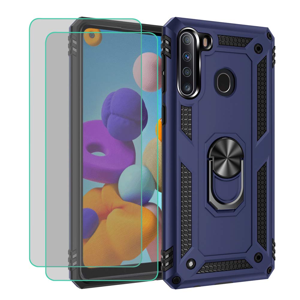 Rebex Compatible with Samsung Galaxy A21 Case Cover, with Tempered Glass Screen Protector [2Pack], Tough Heavy Protective Ring Kickstand Holder Grip Magnetic Metal Plate Heavy Duty Shockproof (Blue)