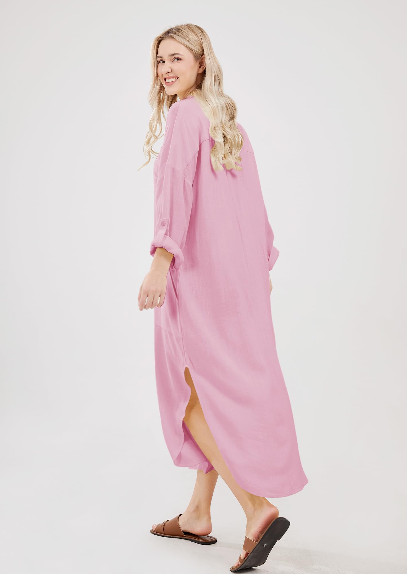 utcoco - Abiti lunghi casual da donna in cotone e lino, dal taglio ampio, con revers, bottoni, maniche con risvolto, spacco laterale e tasche