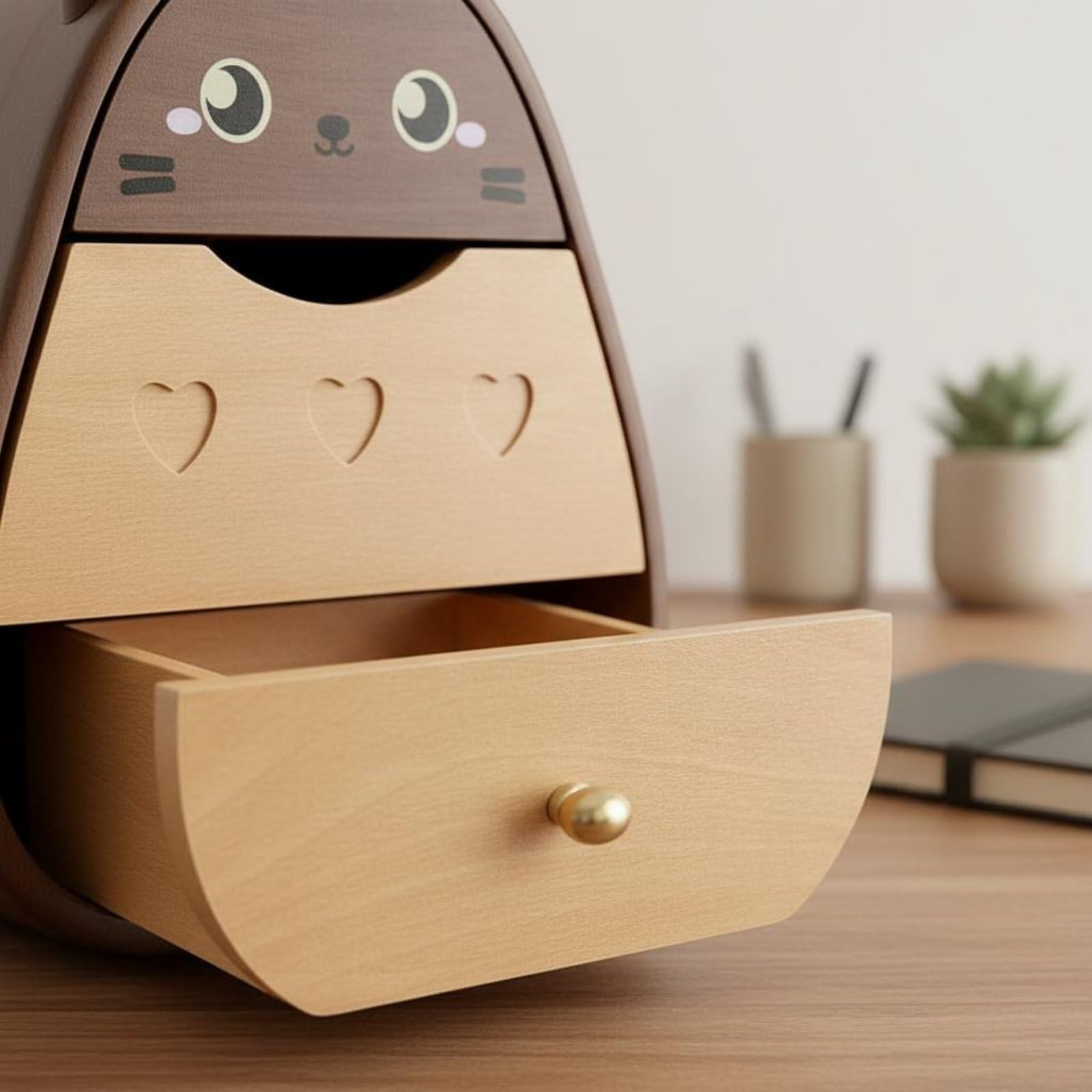 Scatola Organizzatrice da Scrivania in Legno Naturale con Tre Cassetti E Coperchio Superiore per Riporre Oggetti di Tipi con Base in Ferro E Manico Decorativo Adatto per Camera E Ufficio