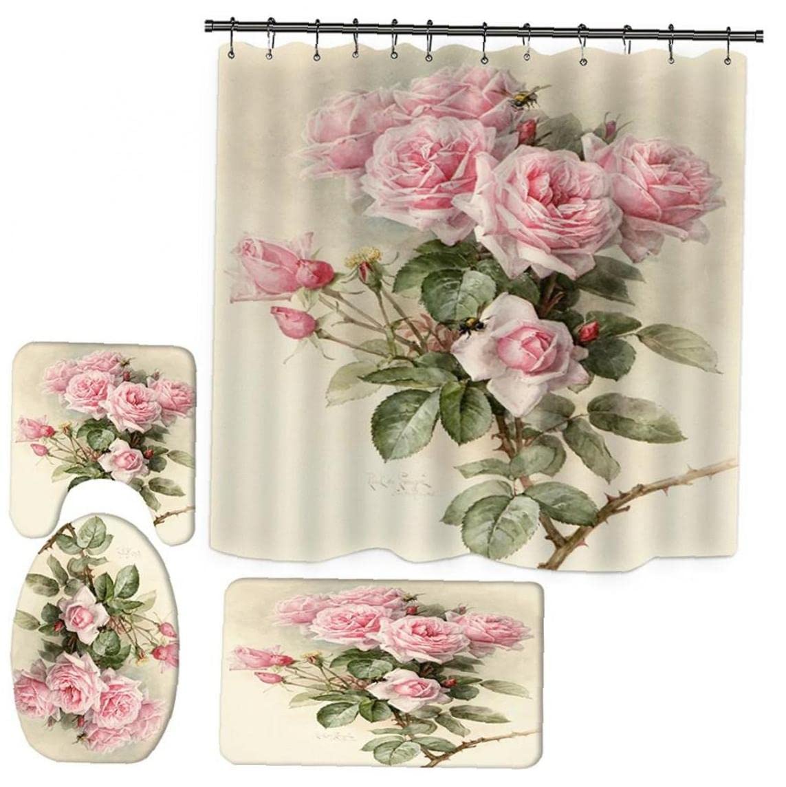 Tapis de bain anti-glisse et rideau de douche floral pour sécuriser vos toilettes