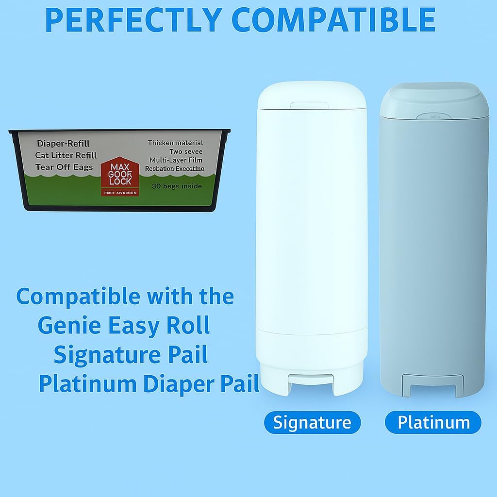 Max Odor Lock | Genie-Ez Diaper Pail Refill Bags | 30 Pack Tear-Off | Odor Control | Fits for Genie Signature & Platinum Diaper Pails | Reusable Cassettes for Baby Diaper Disposal (3)