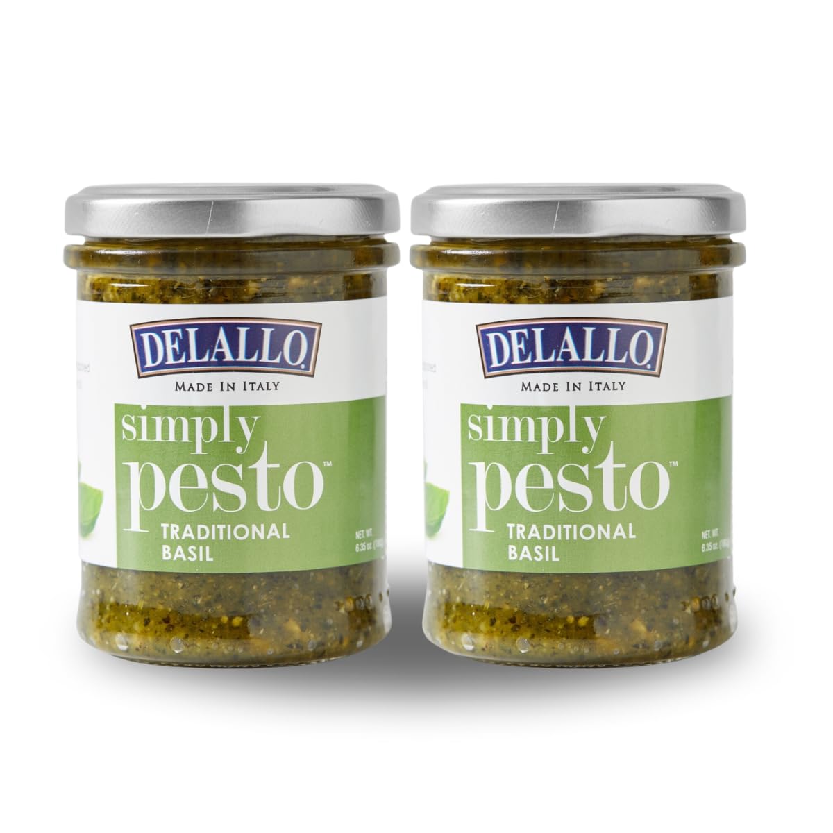 DeLallo Traditional Basil Pesto, Made in Italy, Gourmet Spread, Ready to Use Pasta Sauce, Made with Fresh Ligurian Basil, Olive Oil, Pine Nuts, and Parmesan Cheese, Non-GMO, All Natural, 6.35 oz Jar, (2 Pack)
