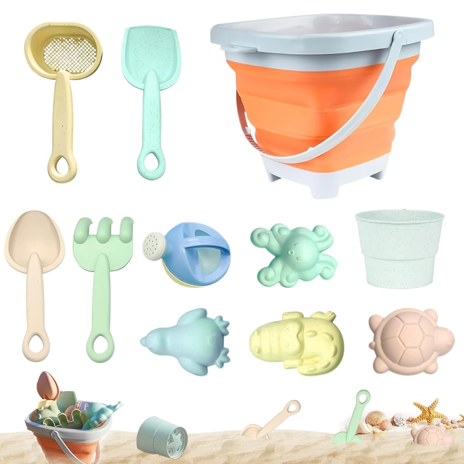 11 Stück Sandspielzeug Strandspielzeug Kinder, Strand Spielzeug Set, Sandkasten Spielzeug mit Faltbares Eimer, Sandschaufel, Sandformen, Gartenspielzeug für Kinder, Sandspielzeug für Mädchen Junge