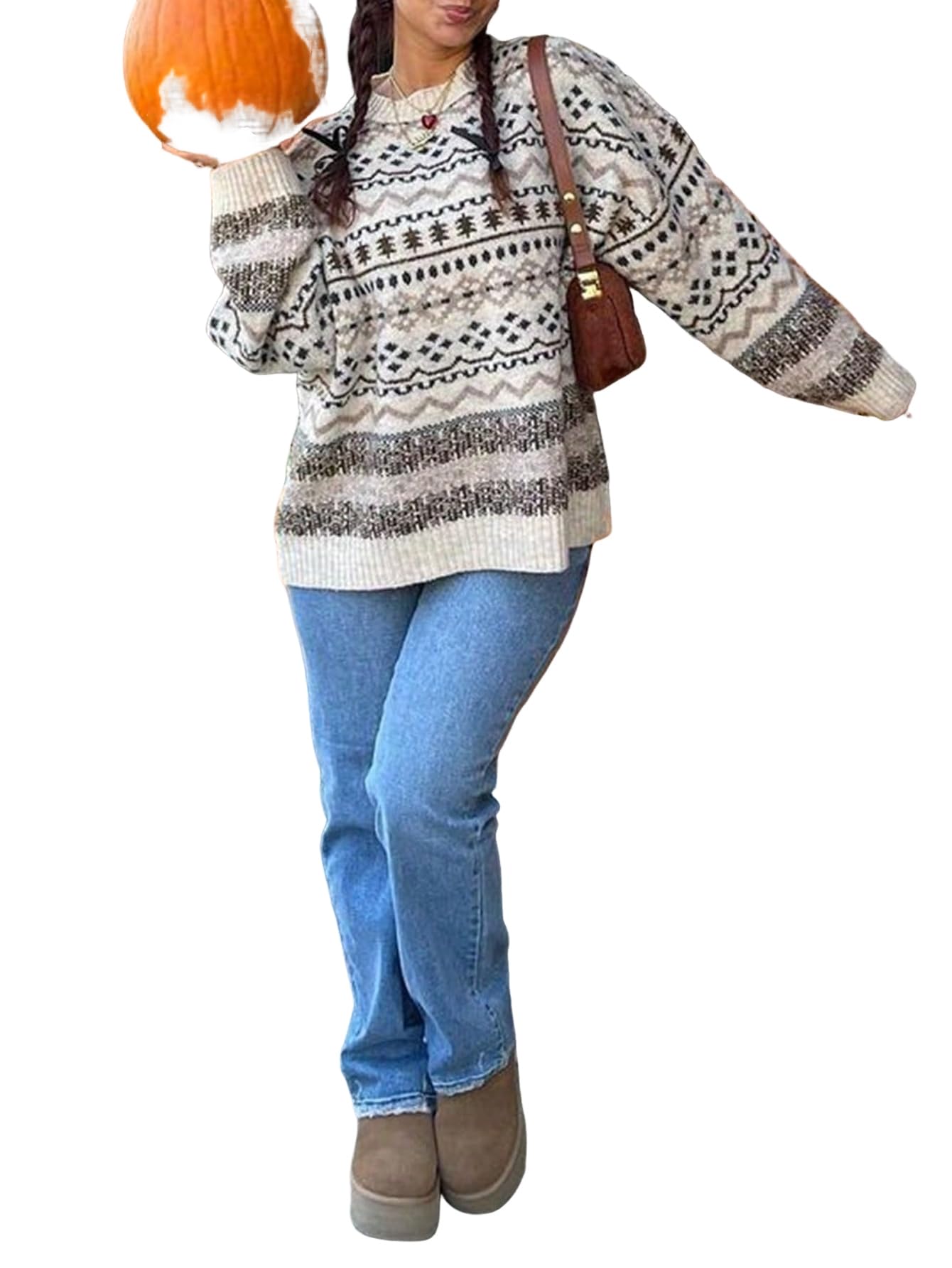 Urchics Womens Long Sleeve Fall and Winter New Retro Round Neck Fair Isle Jacquard Knit Sweater Loose Pullover