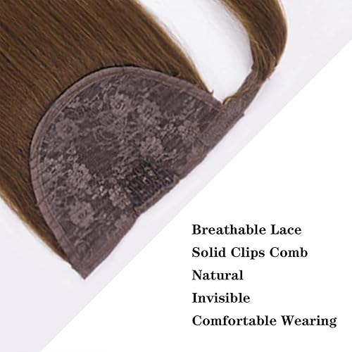 Miniatura 9 de RECOOL Extensión de cola de caballo de cabello humano marrón claro con rubio decolorado, extensiones de cabello humano Remy real, extensión de cola