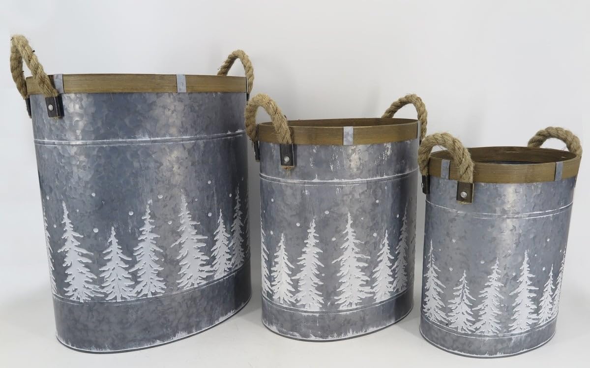 212 Main Rope Handles Brown Trim & White Tree Patterns Metal Planters Set of 3