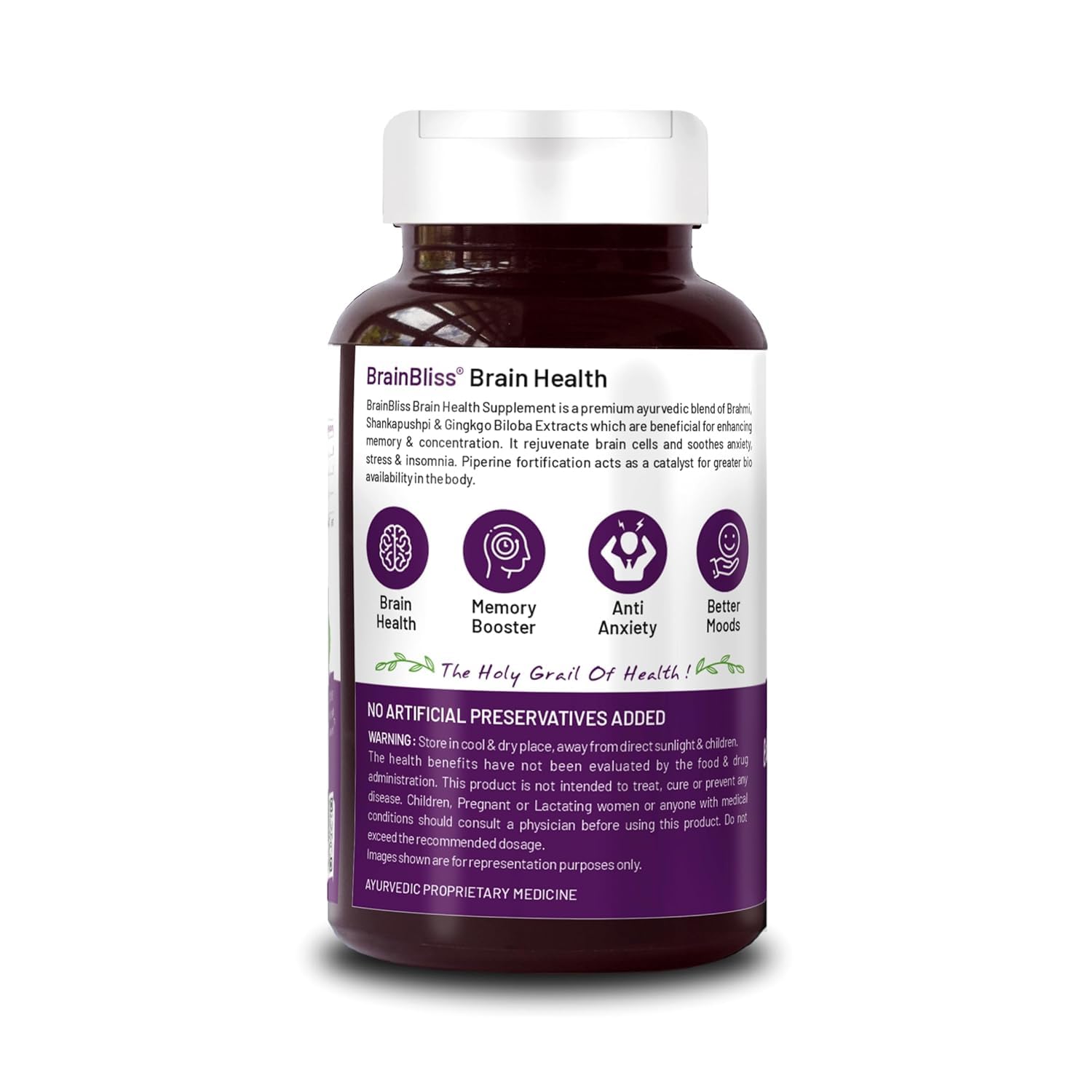 Bliss Welness Brain Booster,Brahmi Shankpushpi Ginkgo Biloba & Piperine,Brain Memory Booster Mind Focus Mood,Nootropics Cognitive Development Concentration Power-60 Vegetarian Tablets