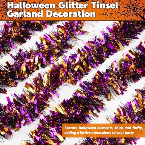 Image of 50 FT Halloween Tinsel Garland, Orange Purple Black Glitter Tinsel Garlands, Metallic Holiday Hanging Streamers for Halloween Party Supplies Indoor Outdoor Decoration