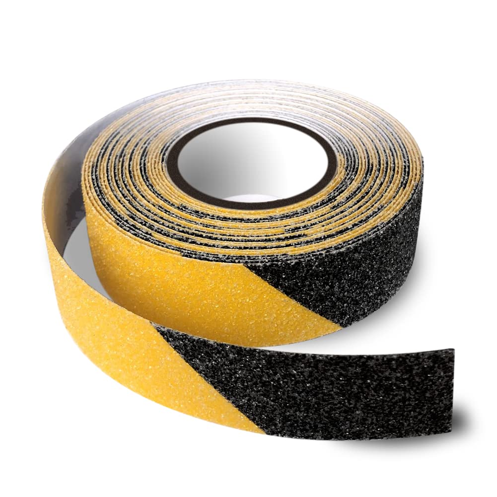 Anti Slip Tape, High Traction Strong Grip Abrasive, Non Skid Strip Safety Track Hazard Warning Tape for Stairs Tread Steps Ramps Indoor or Outdoor, Yellow and Black (25MM Width x 5M Long)