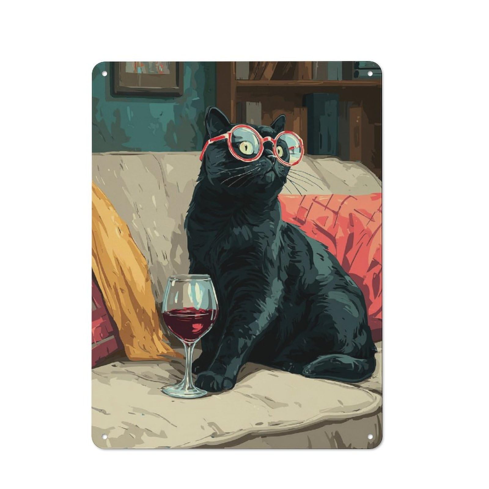 Junmoney Chill Cat With Wine Glass Tin Wall Plaque 40X30cm With For Bar Or Restaurant, Housewarming Wall Decor For People Furnishing Bar And Restaurant