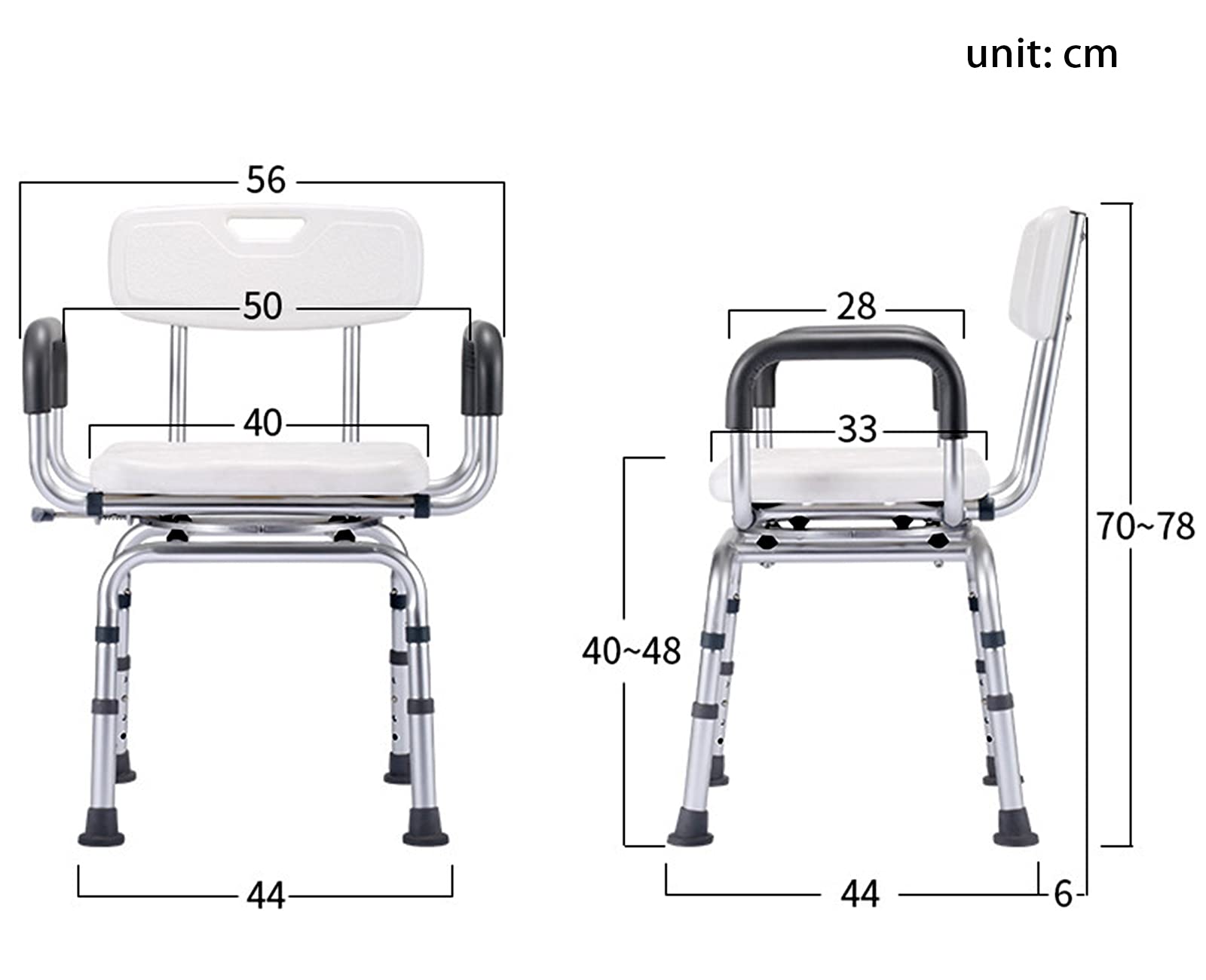 Taburete de ducha giratorio para ancianos y discapacitados, asiento de baño de altura ajustable con brazos, diseño antideslizante impermeable, aluminio, carga máxima 180 kg