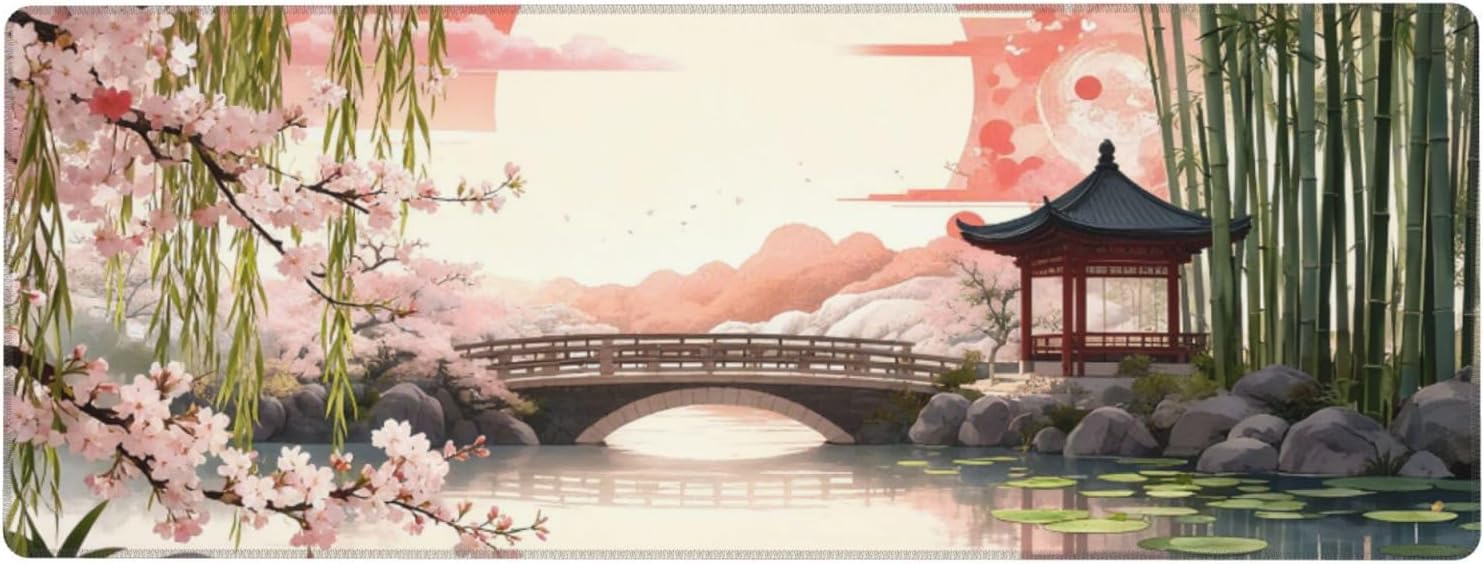 Japanese Cherry Blossom Xl Large Gaming Mouse Pad, Long Extended Full Sakura Sun Mouse Mat for Top Keyboard Table, Cute Big Stitched Waterproof Mousepad Gifts for Women Office, 31.5*11.8 In