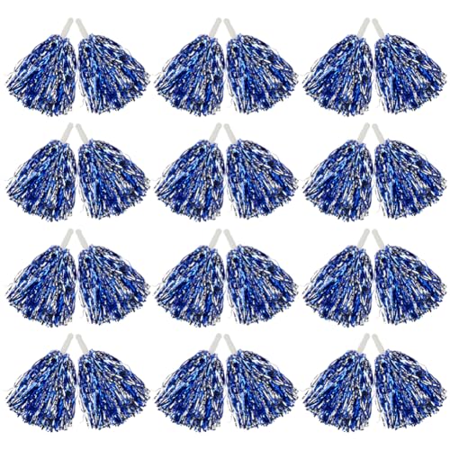 Hooshing 12PCS Blue and Silver Metallic Pom Poms Cheerleading with Handle