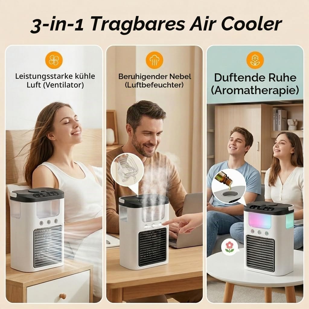 Tragbarer Luftkühler Ventilator, Mini Klimaanlage mit 3 Geschwindigkeiten & 3 Sprühmodi, 600ml Wassertank, RGB Licht, wiederaufladbares Mini-Klimagerät Desktop Ventilator