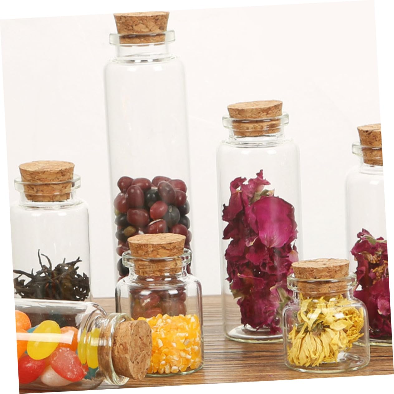 POPETPOP 20pezzi Bottiglia di Vetro Tappo di Sughero in Legno Mini Bottiglia dei Desideri Trasparente Barattolo dei Desideri per Tè Snack Messaggi Pot-pourri Decorazioni Fai da Te Regalo Pe