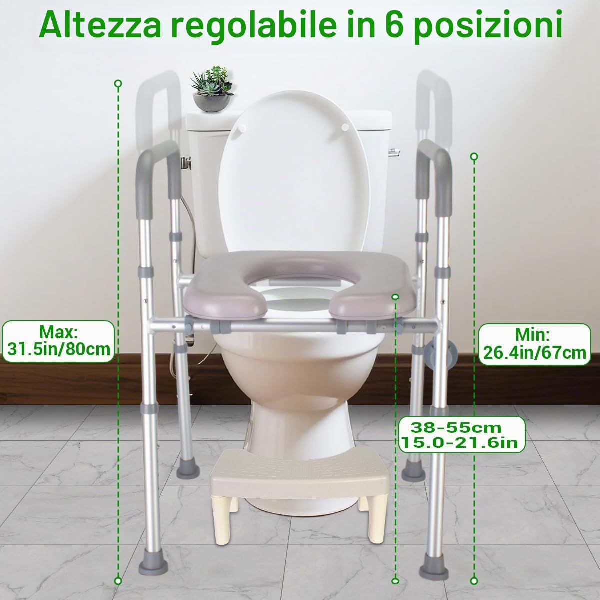 Rialzo per sedile WC con braccioli, rialzo per WC per adulti, regolabile in altezza, 6 livelli, rialzo per WC per anziani, maniglie antiscivolo, supporto per WC fino a 150 kg