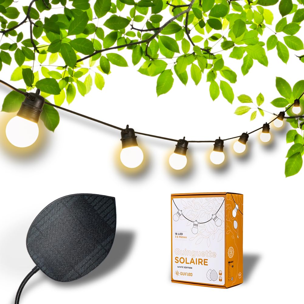 GuirLED - Solare und wasserdichte Lichterkette IP55 Guinguette Premium - 16 LED 7,5 Meter - Erweiterbar - 100% Autonom - XL-Photovoltaikfolie - Lithium-Batterie 4000 mAh - White Edition