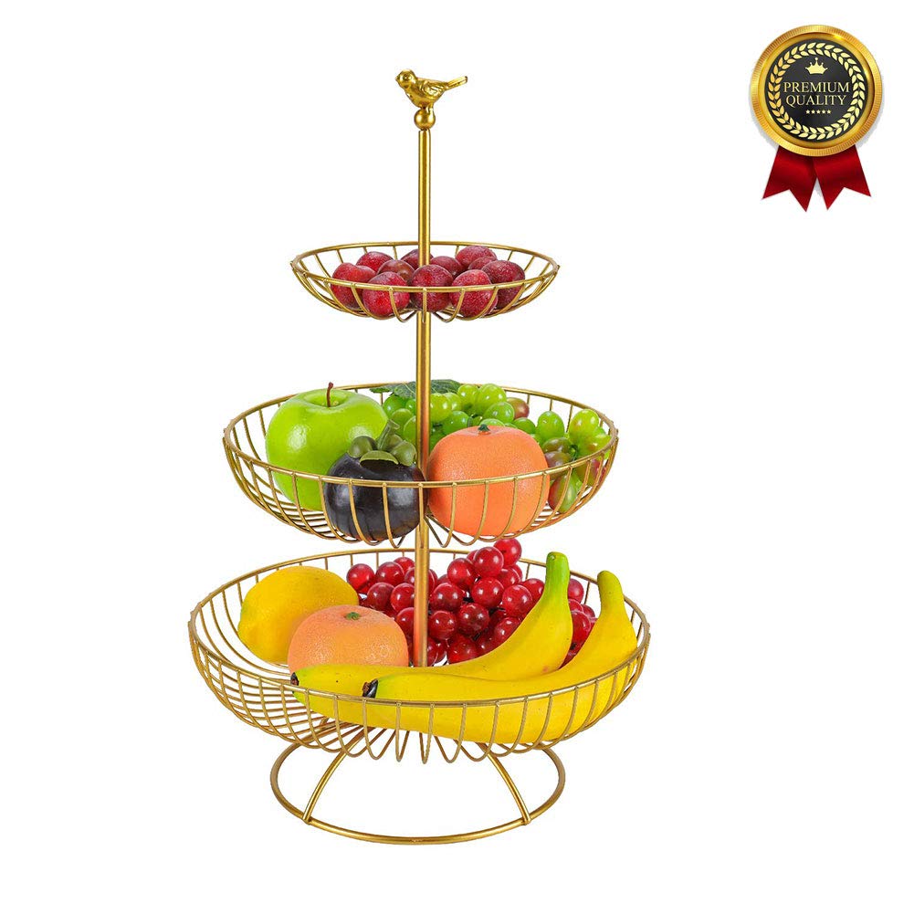 XNDCYX 3-Tier Fruit Basket, 3 Tier Metal Wire Fruit Vegetable Basket Tower Decorative Fruit Basket Countertop Stand Kitchen Counter with Top Handle, Bathroom Organization, Gold