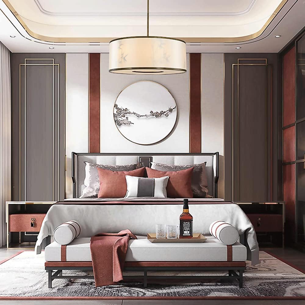 Lampadario in Tessuto con Design a Paralume a S in Stile Cinese - Lampada a Sospensione in Metallo Regolabile in Altezza, Lampadina E144, Perfetta per illuminare ingressi e Scale.