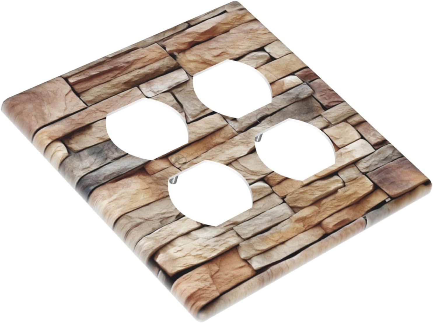 Outlet Covers Stone Textured Brown Brick Natural Stone 2 Gang Double Duplex Decorative Light Switch Covers Electrical Wallplates Socket Faceplate For Farmhouse Cabin Decor