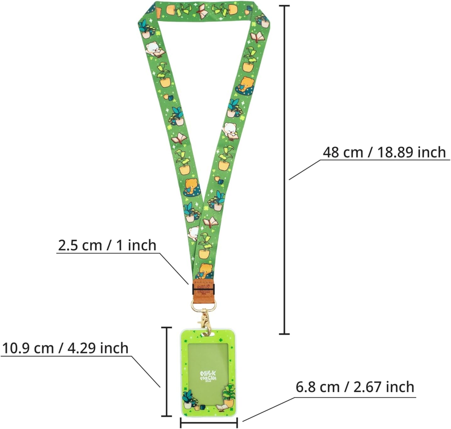Green Clover Badge Holder and Lanyard Authentic Milkmochabear Merchandise Matching with Detachable Gold Clasp PU Leather Accent for Card ID Neck Strap Cute