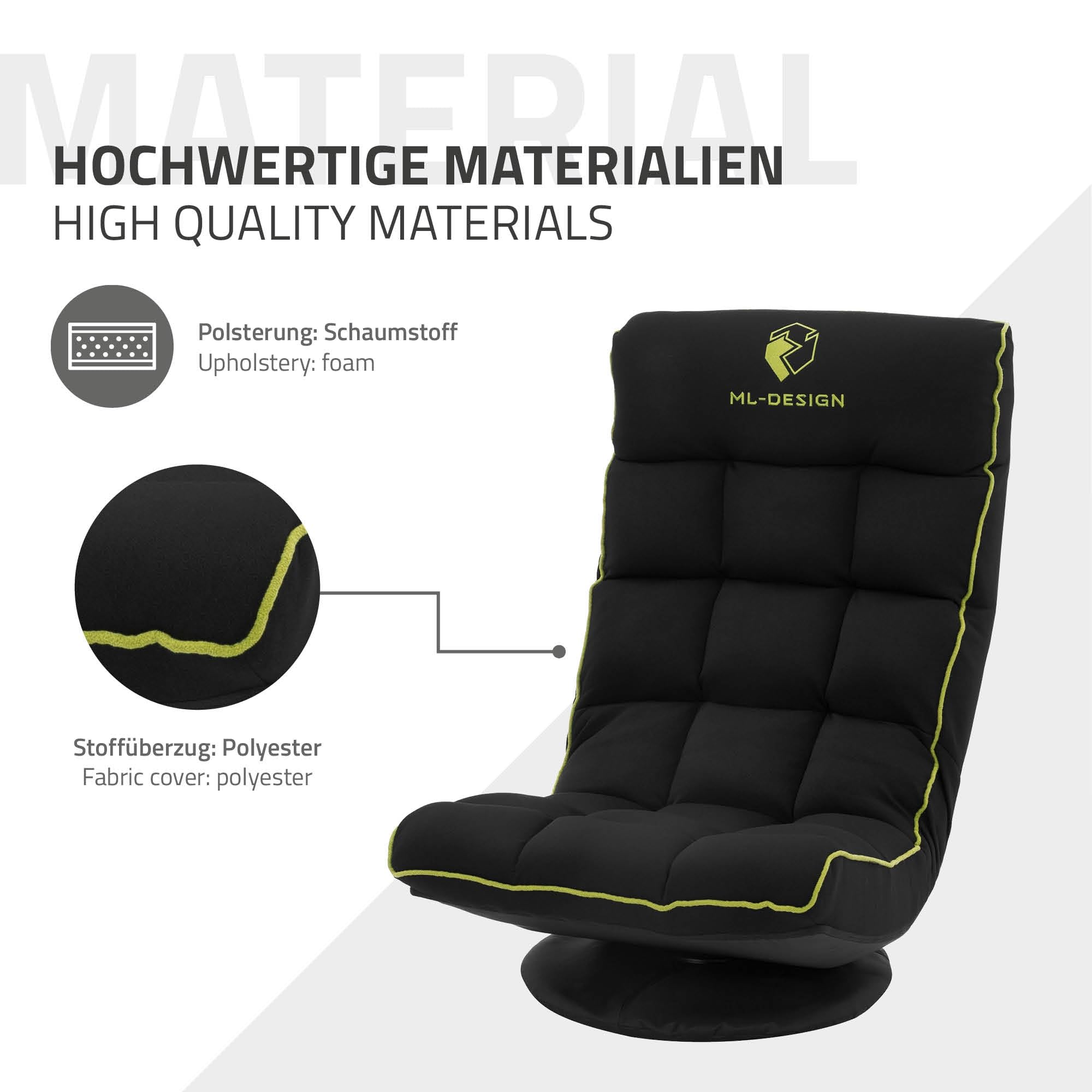 ML-Design Fauteuil de Sol Gaming Noir-Vert, Pivotant 360°, Modèle de Jeu Pliable avec Appui-Tête, Dossier Réglable et Rembourré, Siège Multi-Positions Relaxant, Confort pour Lounge Salon ou Chambre