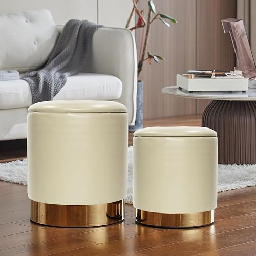 YYW HOME Otomana de cuero con almacenamiento, otomana de almacenamiento de terciopelo marfil para sala de estar, otomana redonda de almacenamiento